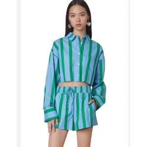 Nia Austin Shirt Women's  L Long Sleeve Striped Blue Green Brunch Preppy Academi